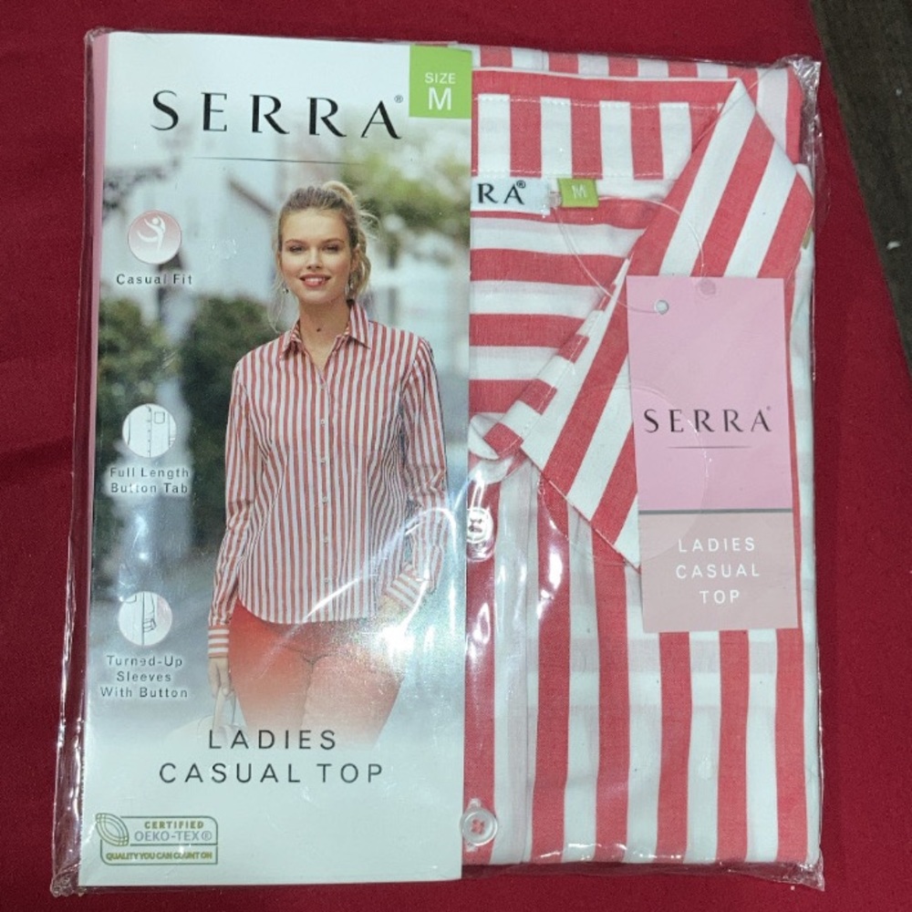 Causal button down red and white long sleeve